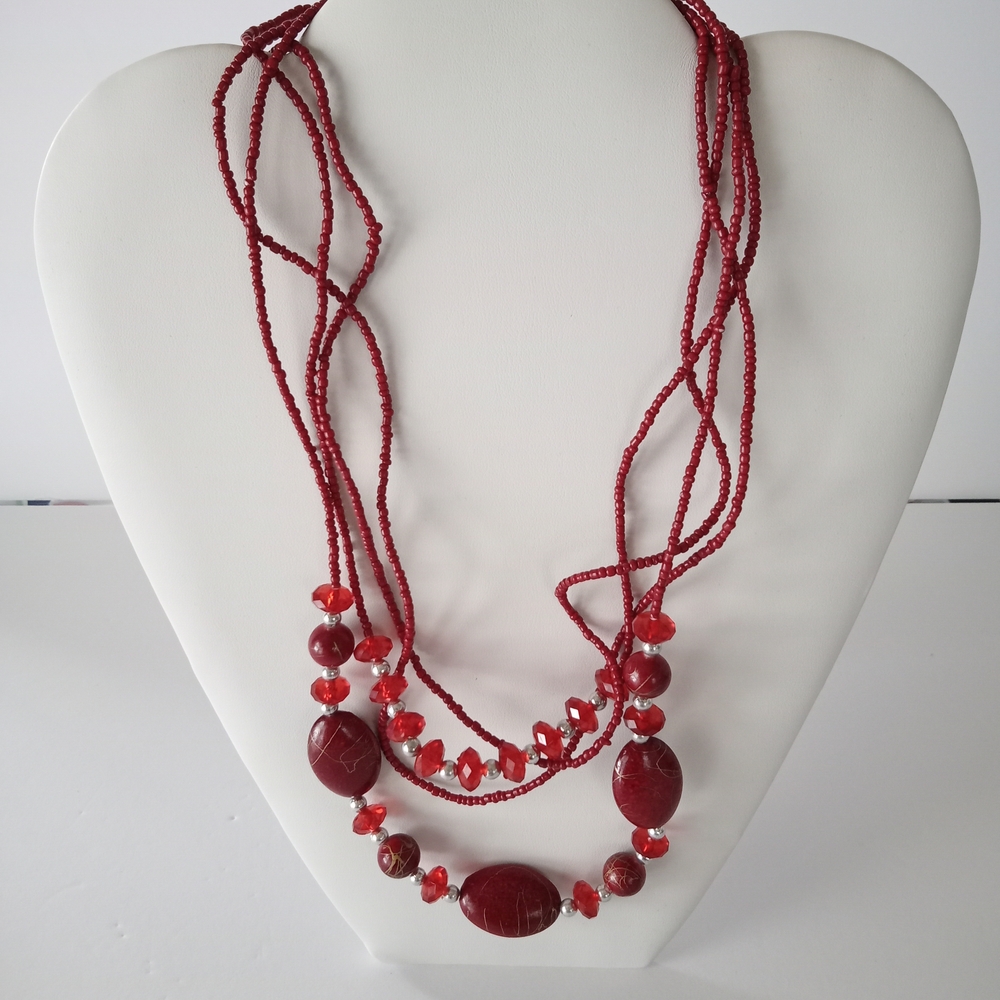 VTG 4 Strands Unique Statement Silvertone Red Seed Beads Resin Silver Red Beads